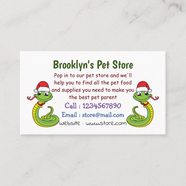 Cute green snake with santa hat cartoon business card (Front)