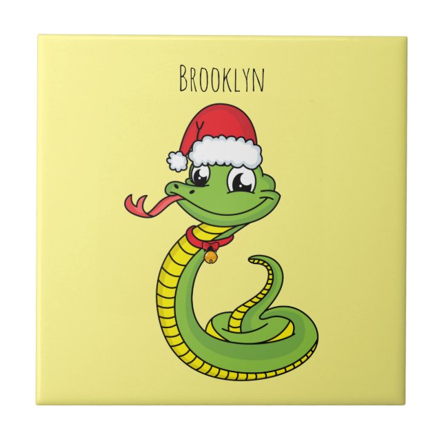 Cute green snake with santa hat cartoon ceramic tile (Front)