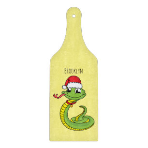 Cute green snake with santa hat cartoon cutting board