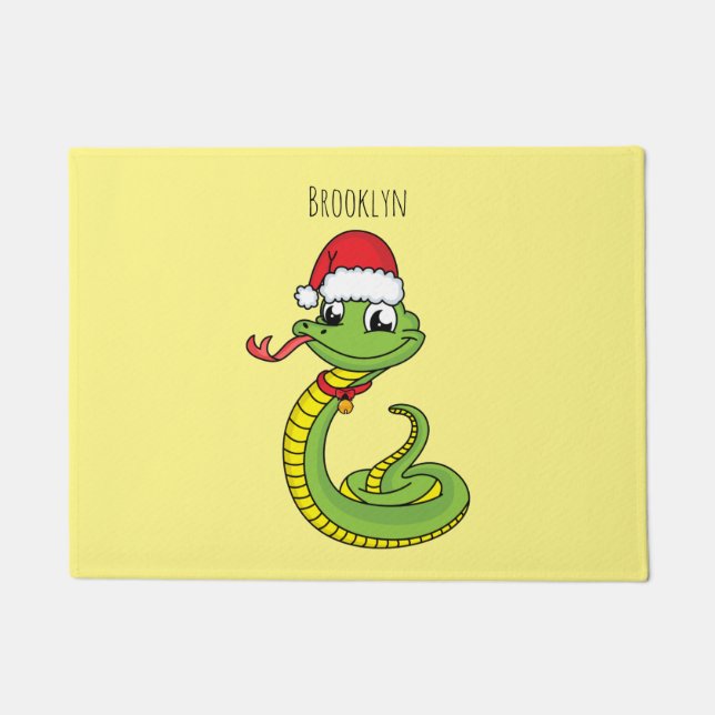 Cute green snake with santa hat cartoon doormat (Front)