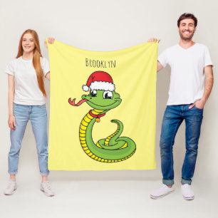 Cute green snake with santa hat cartoon fleece blanket