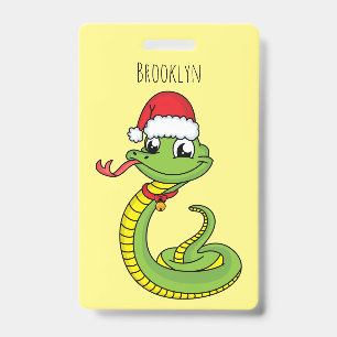 Cute green snake with santa hat cartoon ID badge