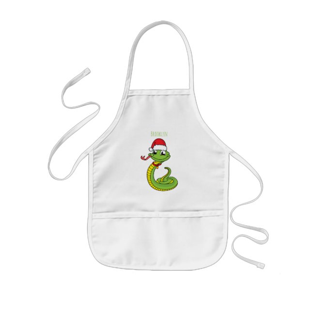 Cute green snake with santa hat cartoon kids apron (Front)