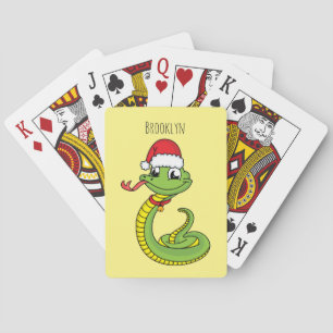 Cute green snake with santa hat cartoon  playing cards