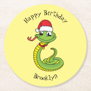 Cute green snake with santa hat cartoon round paper coaster