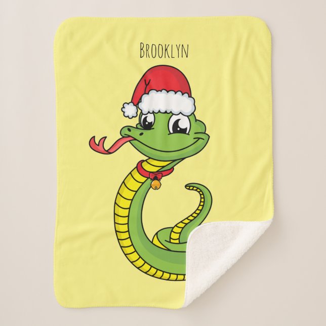 Cute green snake with santa hat cartoon sherpa blanket (Front)