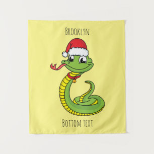 Cute green snake with santa hat cartoon tapestry