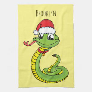 Cute green snake with santa hat cartoon tea towel