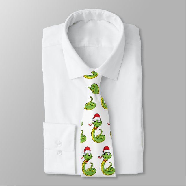 Cute green snake with santa hat cartoon tie (Tied)