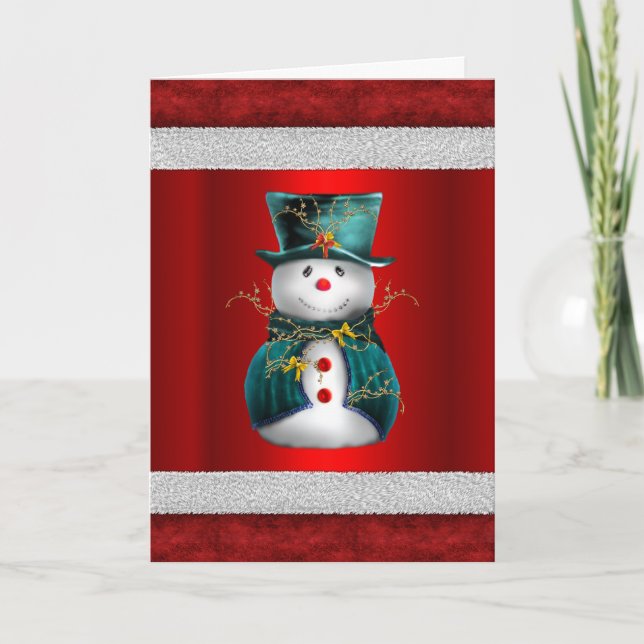 Cute Green Snowman on Red Christmas Card (Front)