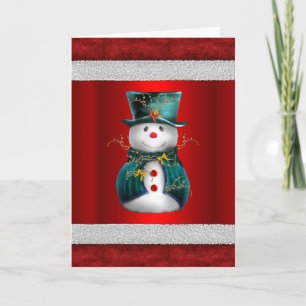 Cute Green Snowman on Red Christmas Card