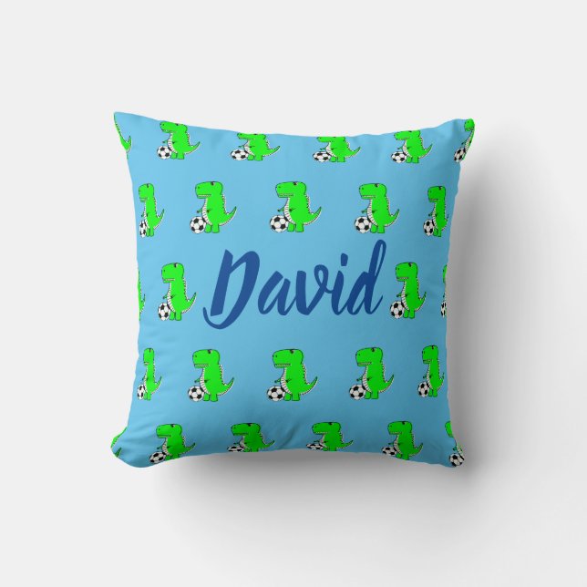 Cute Green Soccer Dino T-Rex On Blue Cushion (Front)
