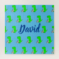 Cute Green Soccer Dino T-Rex On Blue