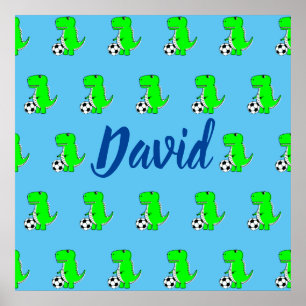 Cute Green Soccer Dino T-Rex On Blue Poster