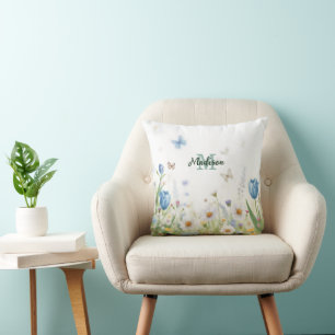 Cute Green Spring Flower Wildflower Bouquet Monogr Cushion