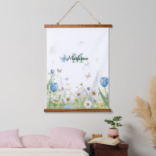 Cute Green Spring Flower Wildflower Bouquet Monogr Hanging Tapestry