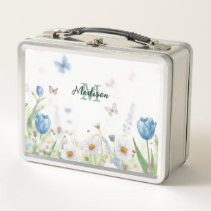 Cute Green Spring Flower Wildflower Bouquet Monogr Metal Lunch Box