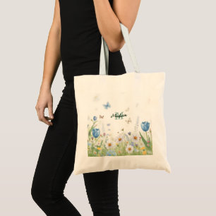 Cute Green Spring Flower Wildflower Bouquet Monogr Tote Bag