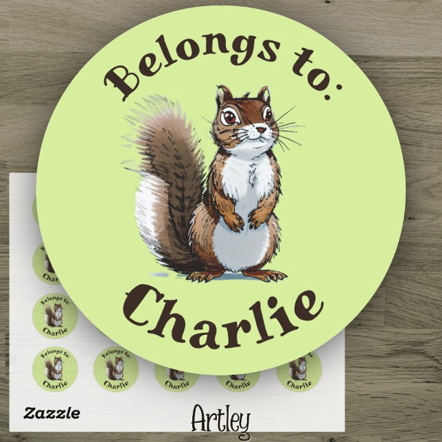 Cute Green Squirrel Drawing Custom Name Label (Creator Uploaded)