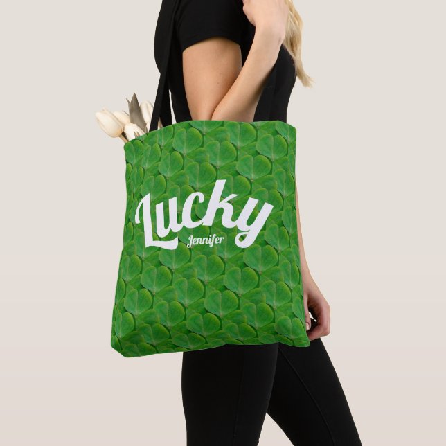 Cute Green St Patricks Day Irish Lucky Clover Typo Tote Bag (Close Up)