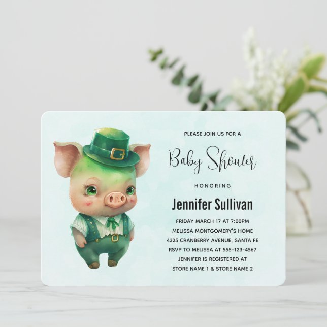 Cute Green St. Patrick's Day Pig Baby Shower Invitation (Standing Front)