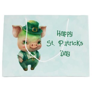 Cute Green St. Patrick's Day Pig Large Gift Bag