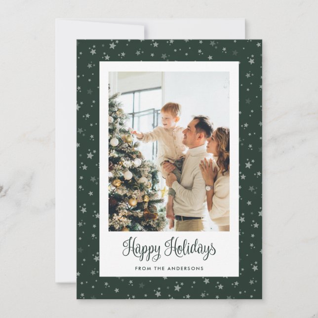 Cute Green Starry Photo Happy Holidays Cards (Front)