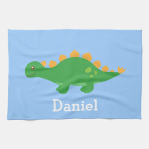 Cute Green Stegosaurus Dinosaur for Kids Tea Towel