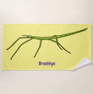 Cute green stick insects with happy faces cartoon beach towel