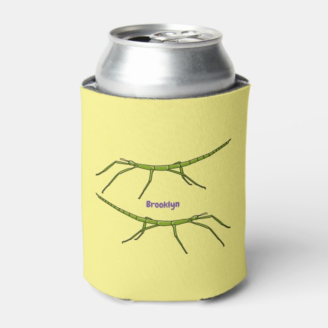 Cute green stick insects with happy faces cartoon can cooler (Can Front)