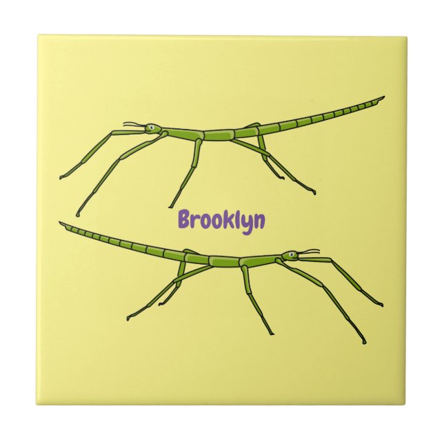 Cute green stick insects with happy faces cartoon ceramic tile (Front)
