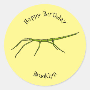 Cute green stick insects with happy faces cartoon classic round sticker