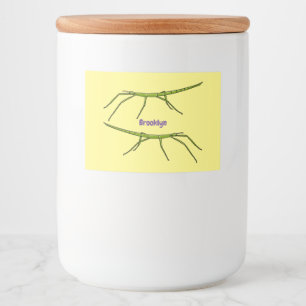 Cute green stick insects with happy faces cartoon food label