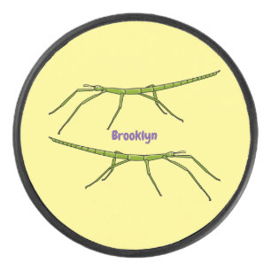 Cute green stick insects with happy faces cartoon hockey puck