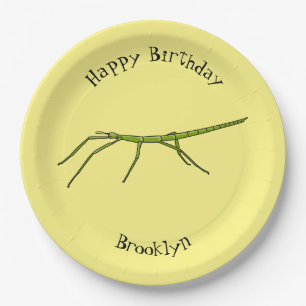 Cute green stick insects with happy faces cartoon paper plate