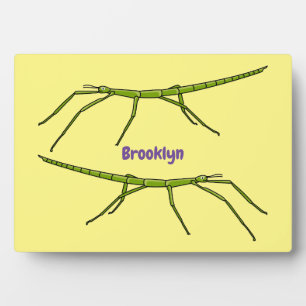 Cute green stick insects with happy faces cartoon plaque