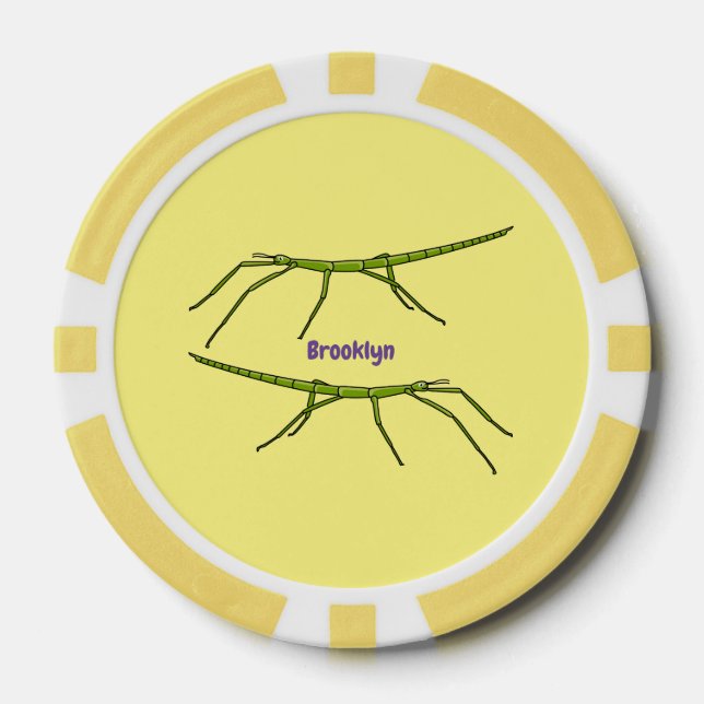 Cute green stick insects with happy faces cartoon poker chips (Front)