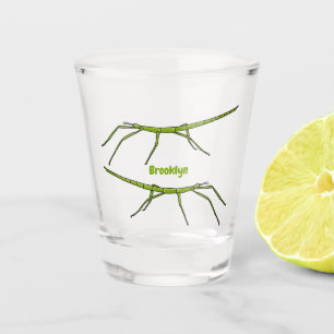 Cute green stick insects with happy faces cartoon shot glass