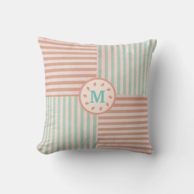 Cute Green Stripe Monogram Cushion (Front)