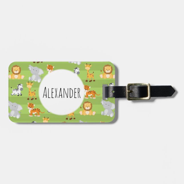 Cute Green Stripe Safari Jungle Animals Luggage Tag (Front Horizontal)