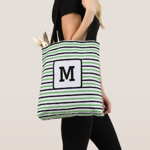 Cute Green Stripes Custom Single Initial Black Tote Bag