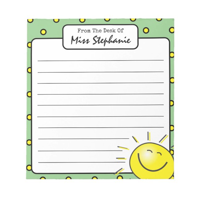 Cute Green Sunshine Smile Face From Teacher  Notepad (Front)