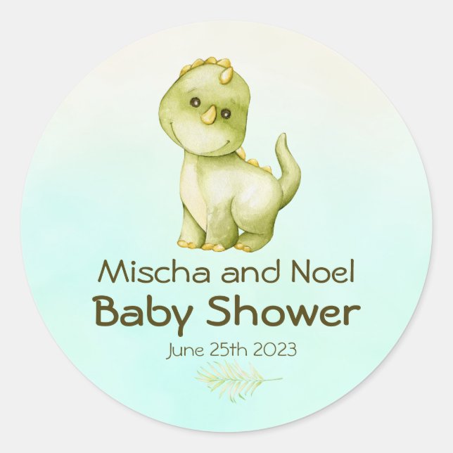 Cute Green T Rex Dinosaur Boys Baby Shower Classic Round Sticker (Front)