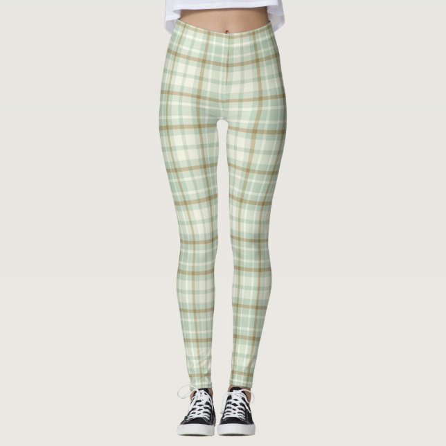 Cute Green Tan Plaid Leggings (Front)