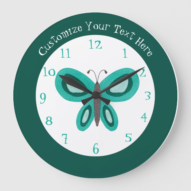 Cute Green Teal Butterfly Personalised Large Clock (Front)