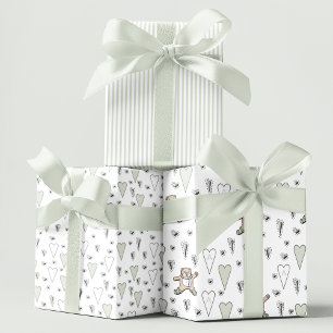 Cute Green Teddy Bear & Heart Gender Neutral Wrapping Paper Sheet
