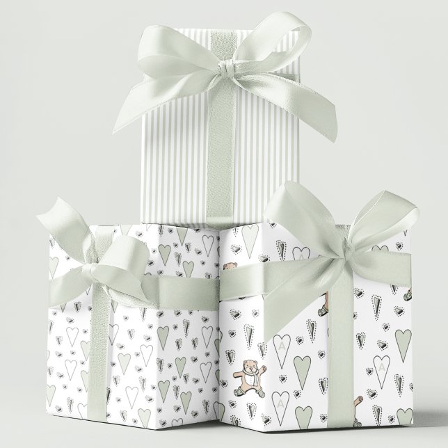 Cute Green Teddy Bear & Heart Gender Neutral Wrapping Paper Sheet (Cute Pastel Hand Drawn Sage Green Hearts, Green Stripes & Teddy Bears Baby Shower/New Baby Gift Wrap)