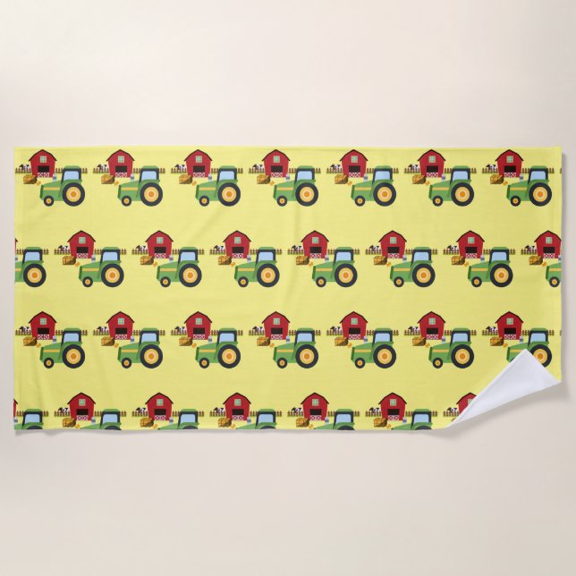 Cute Green Tractor and Red barn Beach Towel (Front)
