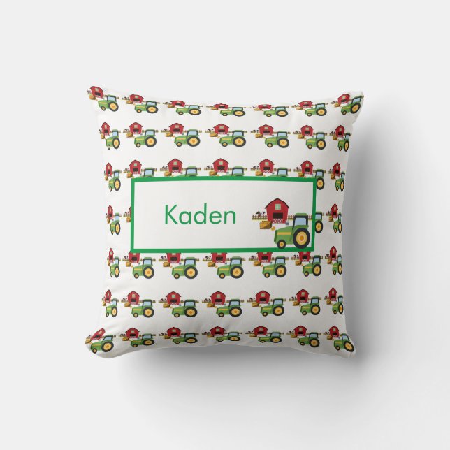 Cute green tractor and red barn personalised  cushion (Front)