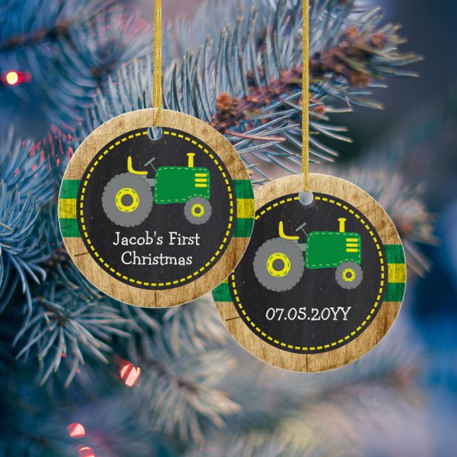 Cute Green Tractor First Christmas Faux Wood Ceramic Ornament (Creator Uploaded)